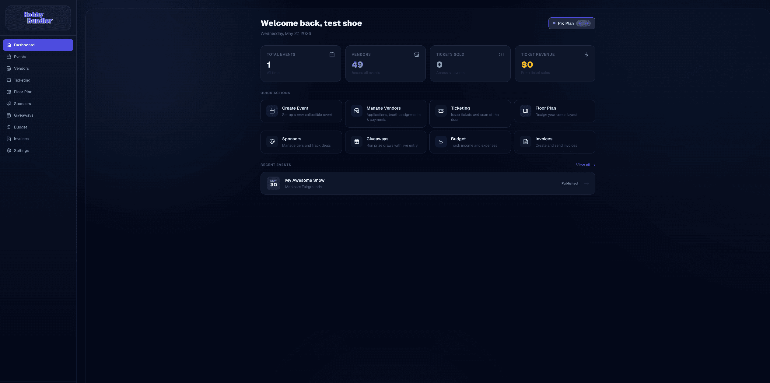 Hobby Handler dashboard showing events, vendors, tickets, and revenue