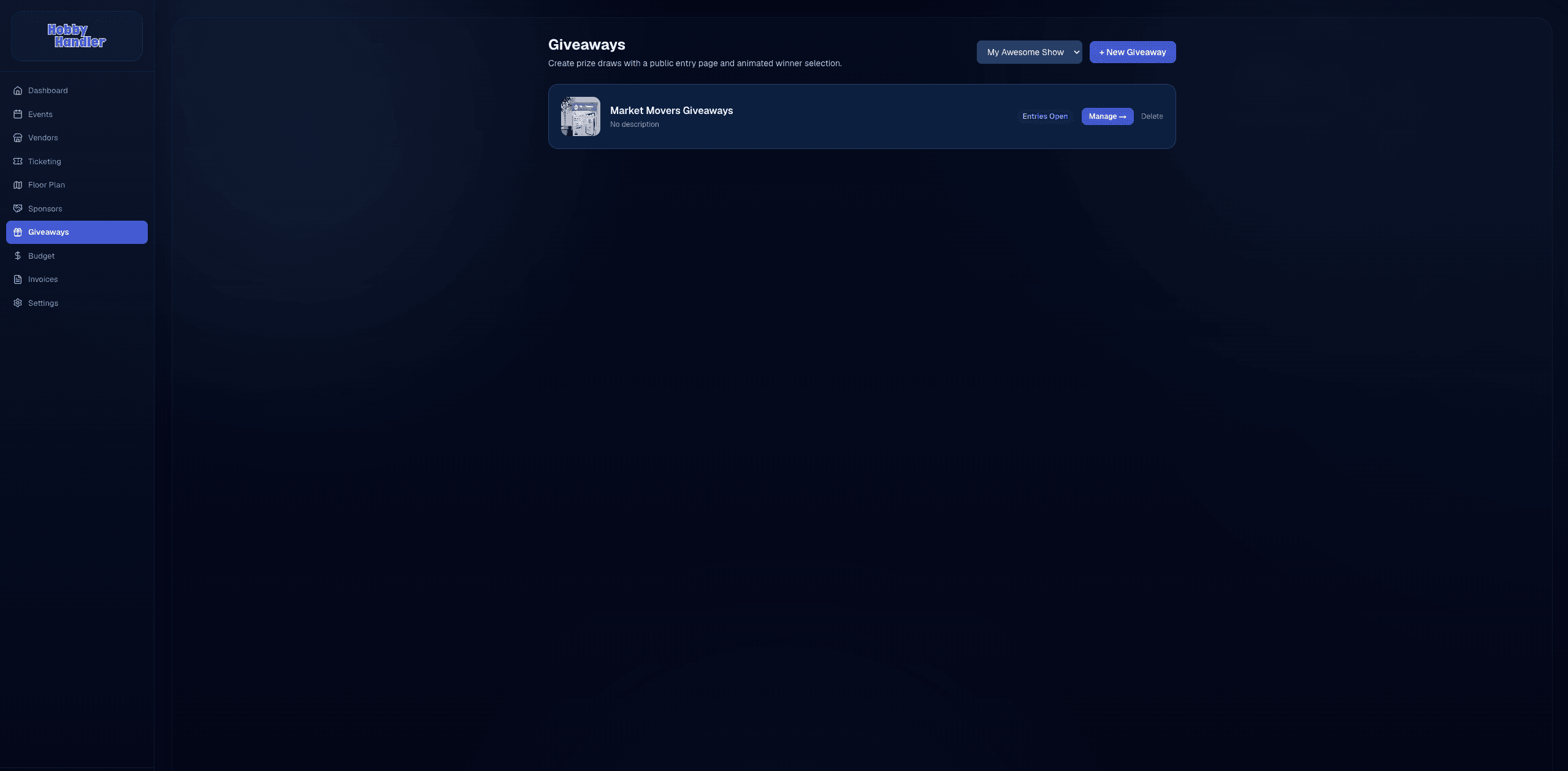 Giveaways interface in Hobby Handler
