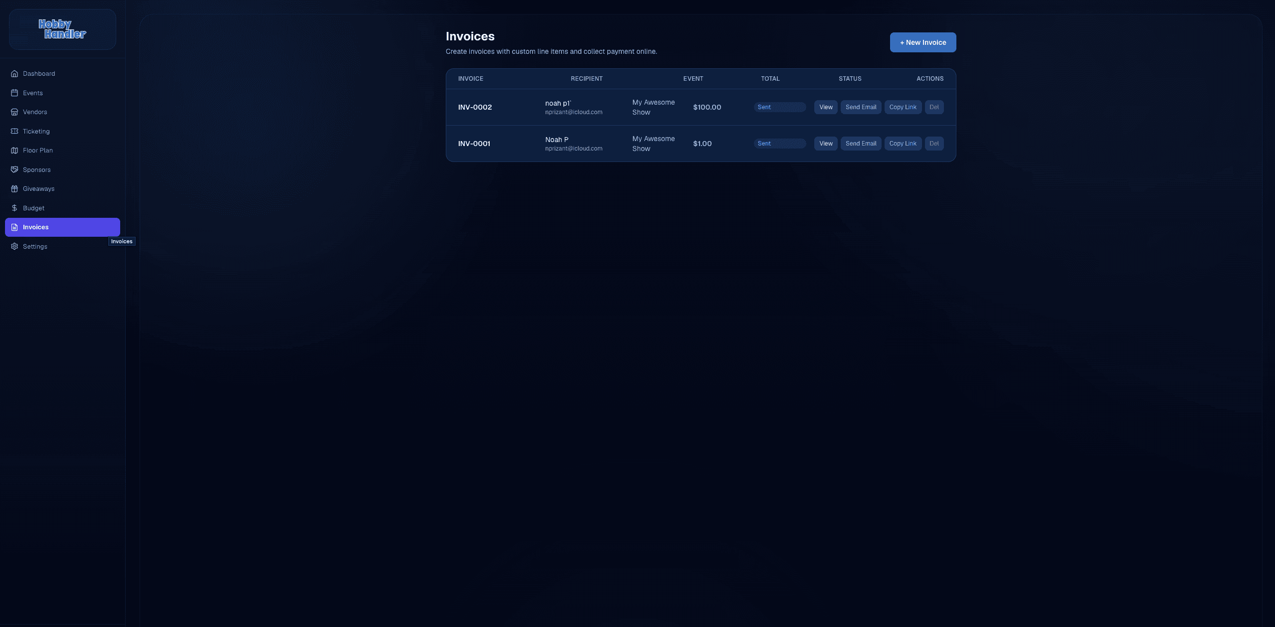 Event invoices and finance tools in Hobby Handler