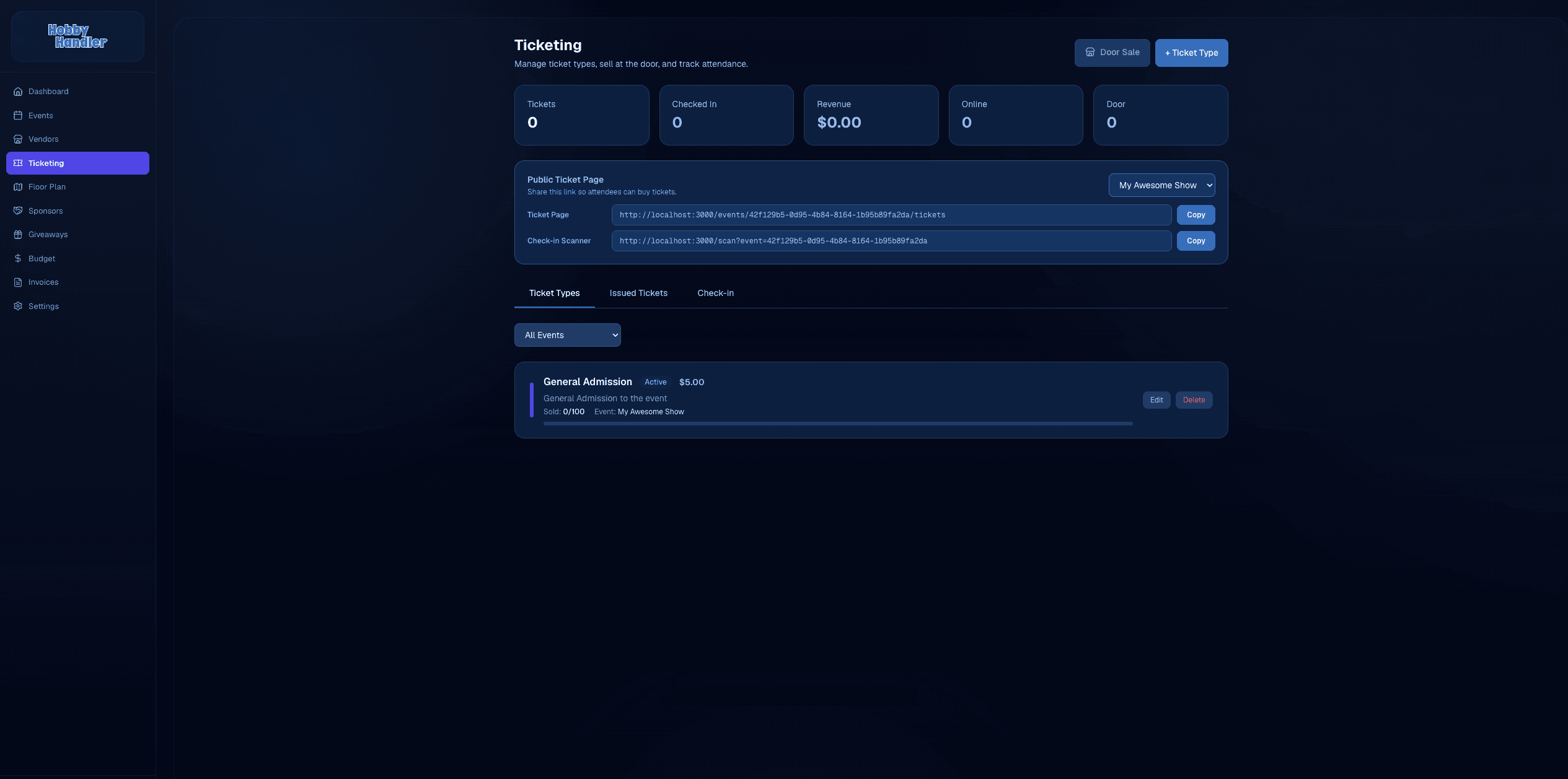 QR ticketing and check-in dashboard in Hobby Handler