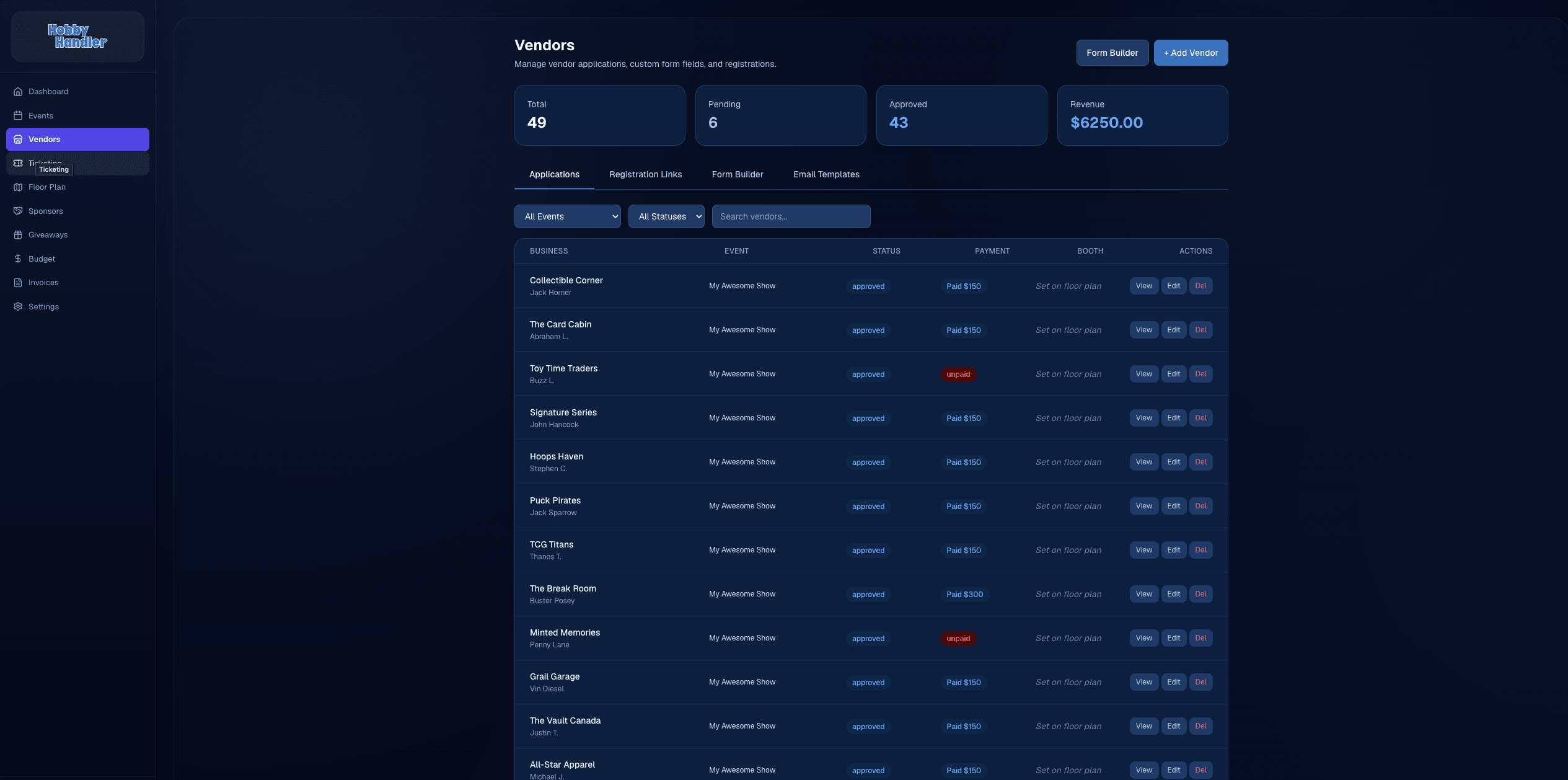 Vendor management dashboard in Hobby Handler