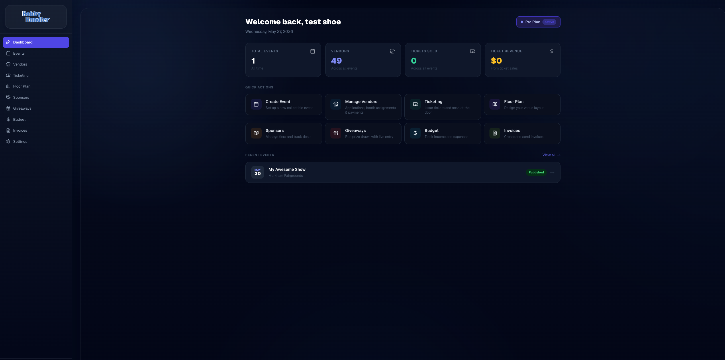 Hobby Handler dashboard
